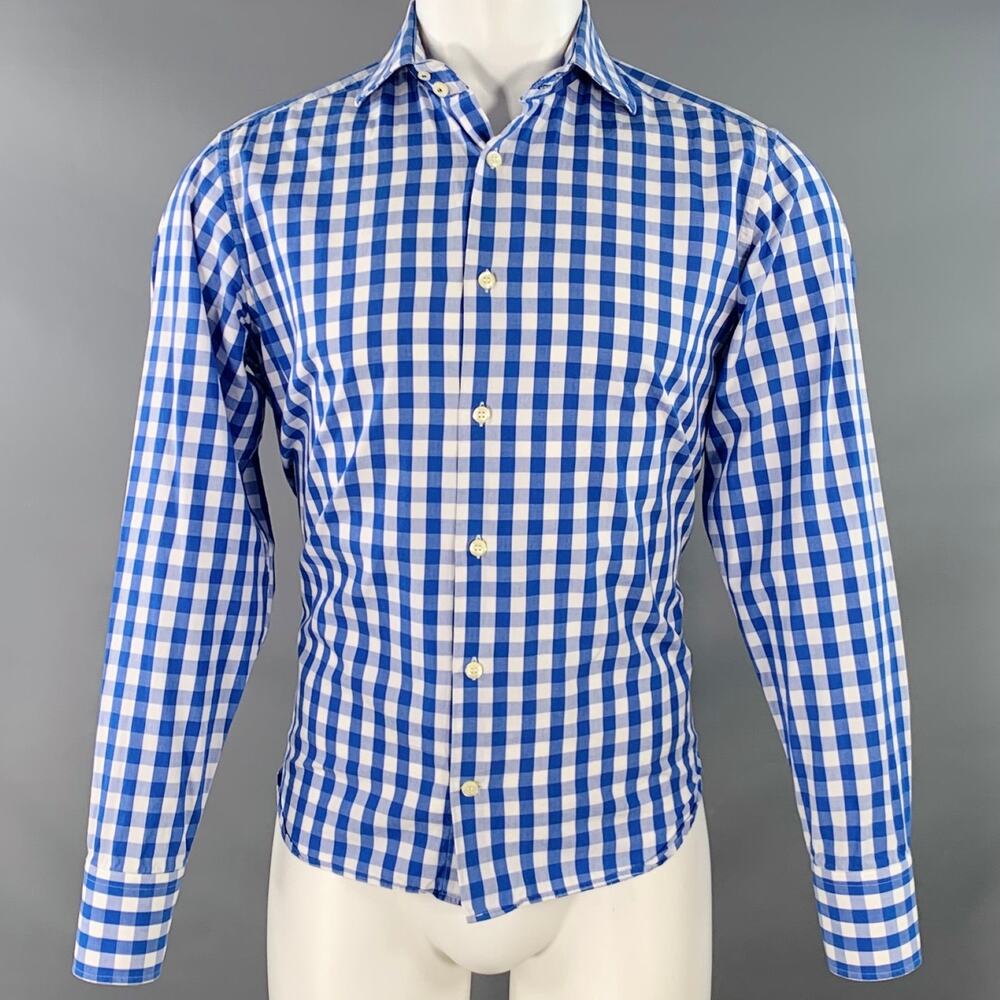 EREDI PISANO Size S Blue White Checkered Cotton Spread Collar Long Sleeve Shirt